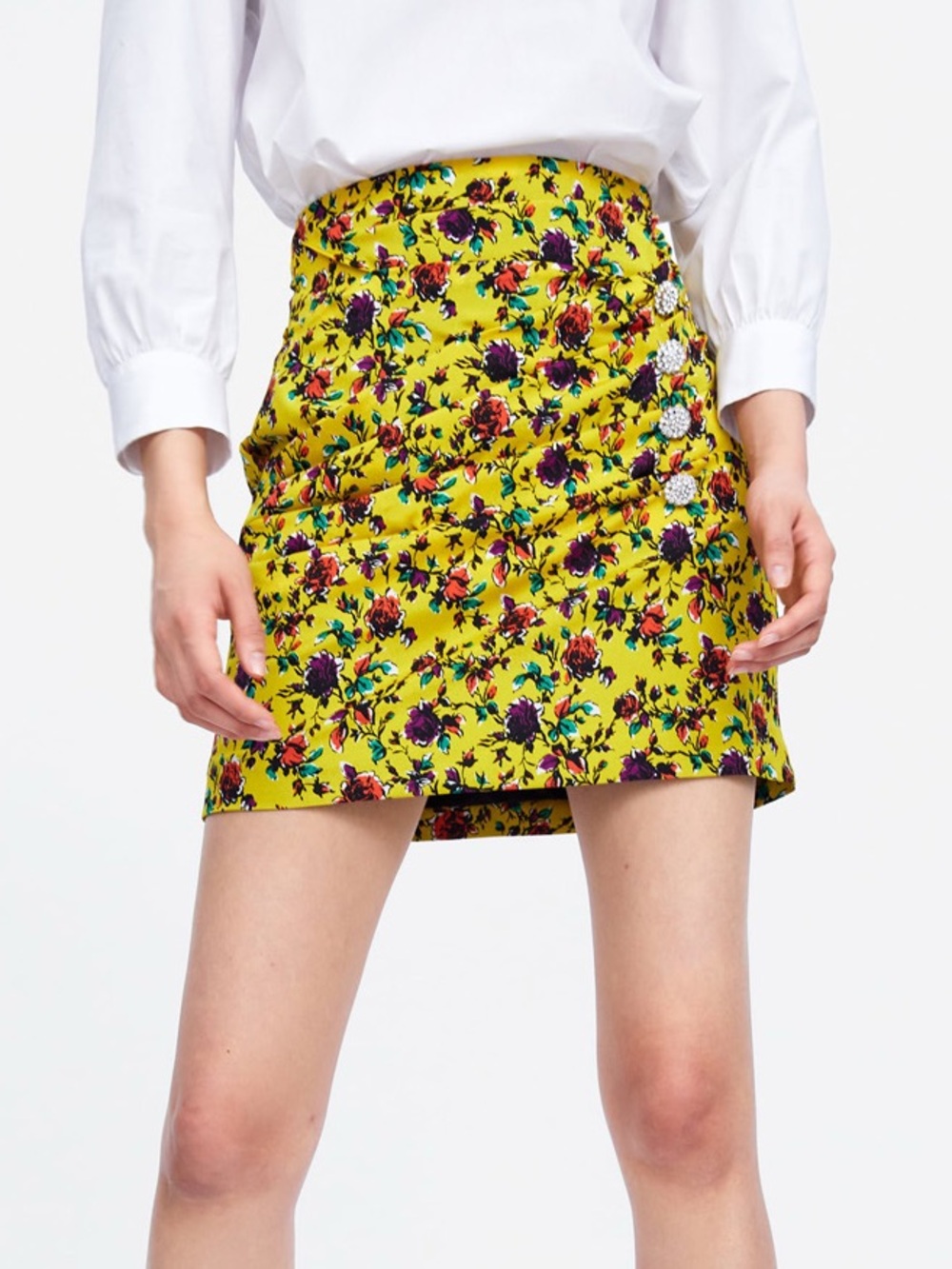 NEW Zara Yellow Floral Pleated Gem Button Ruche Mini Skirt